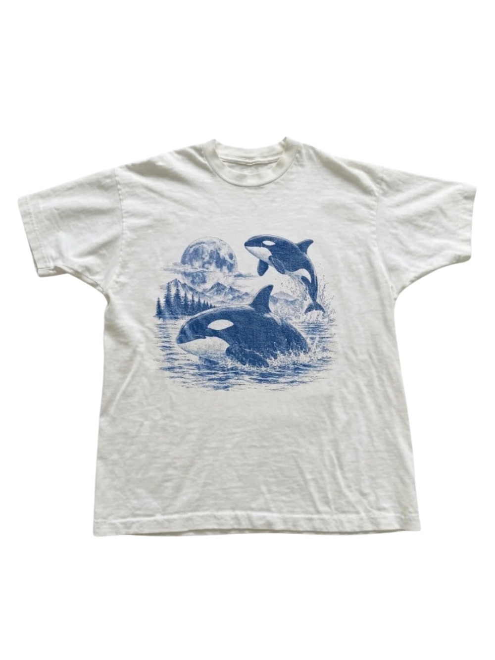 Vintage White Orca Graphic T-Shirt with Blue Orca Illustration